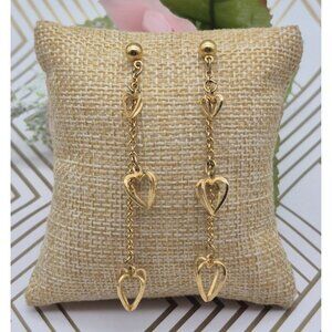 Unique Gold Tone Chain Earrings Pierced Ball Beads & Dangle 3D Hearts Valentines